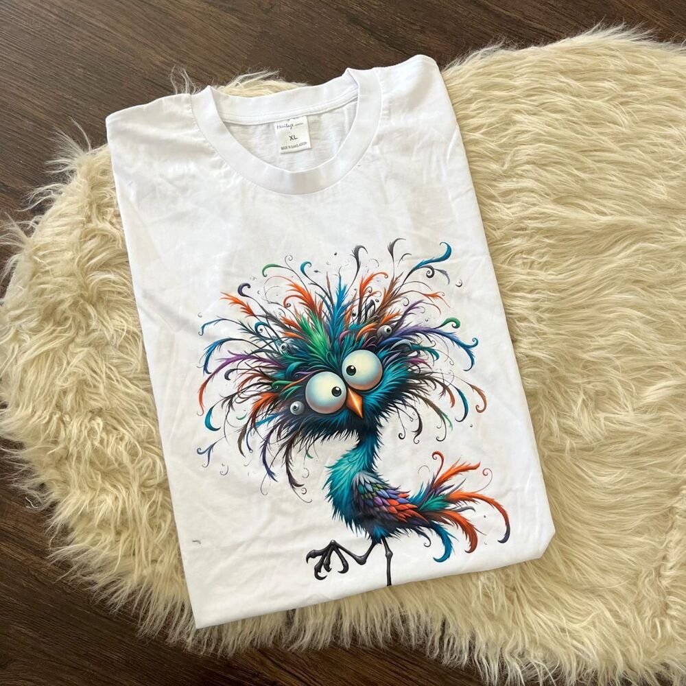 NWOT White Colorful Crazy Bird Graphic Tee T-shirt Size XL